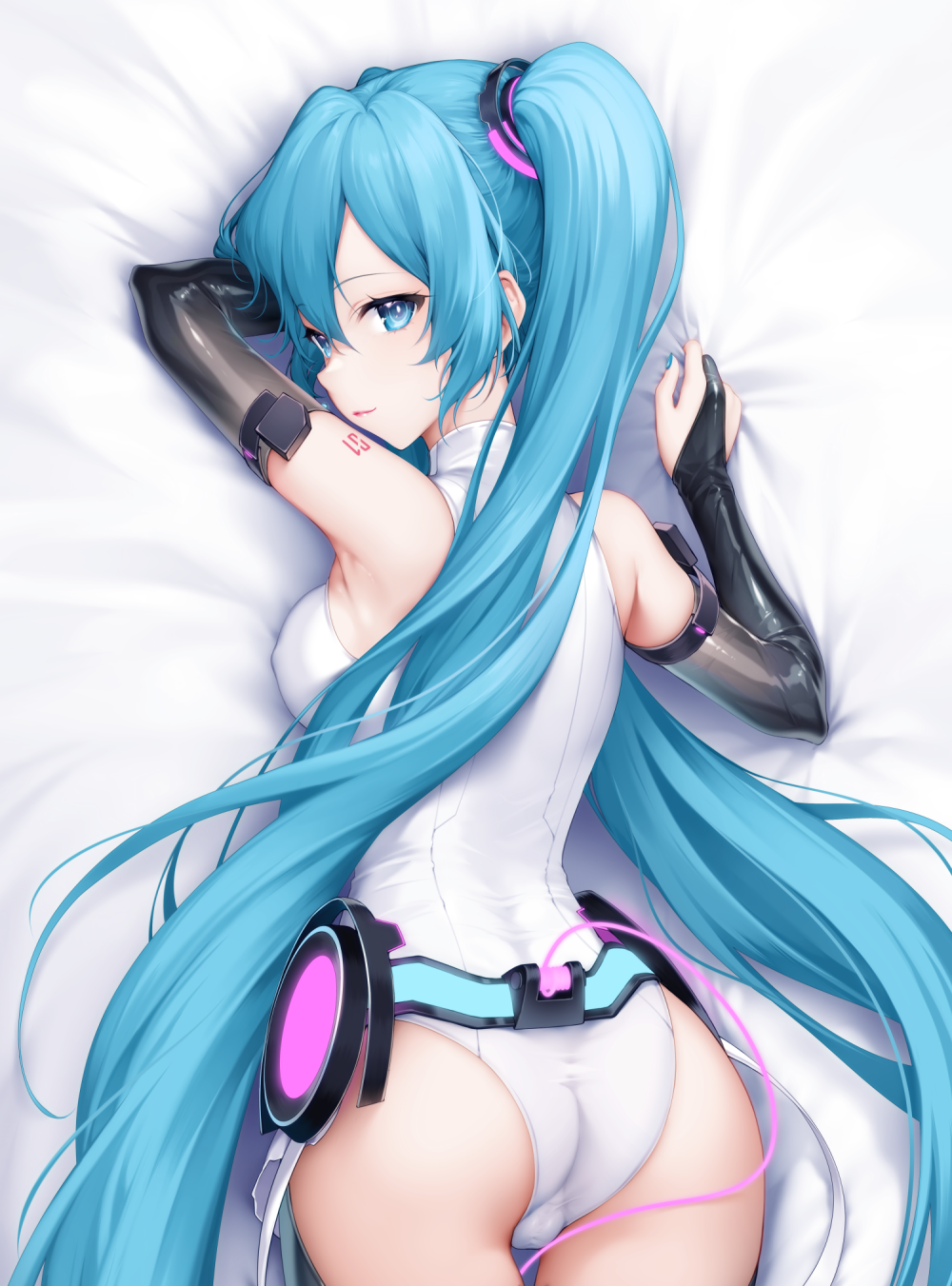 1girl arm_tattoo armpits bed_sheet blue_eyes blue_hair breasts closed_mouth commentary english_commentary hair_between_eyes hatsune_miku hatsune_miku_(append) highres leotard lips looking_at_viewer looking_back mei_(ponponmei) number_tattoo solo tattoo twintails vocaloid vocaloid_append white_leotard