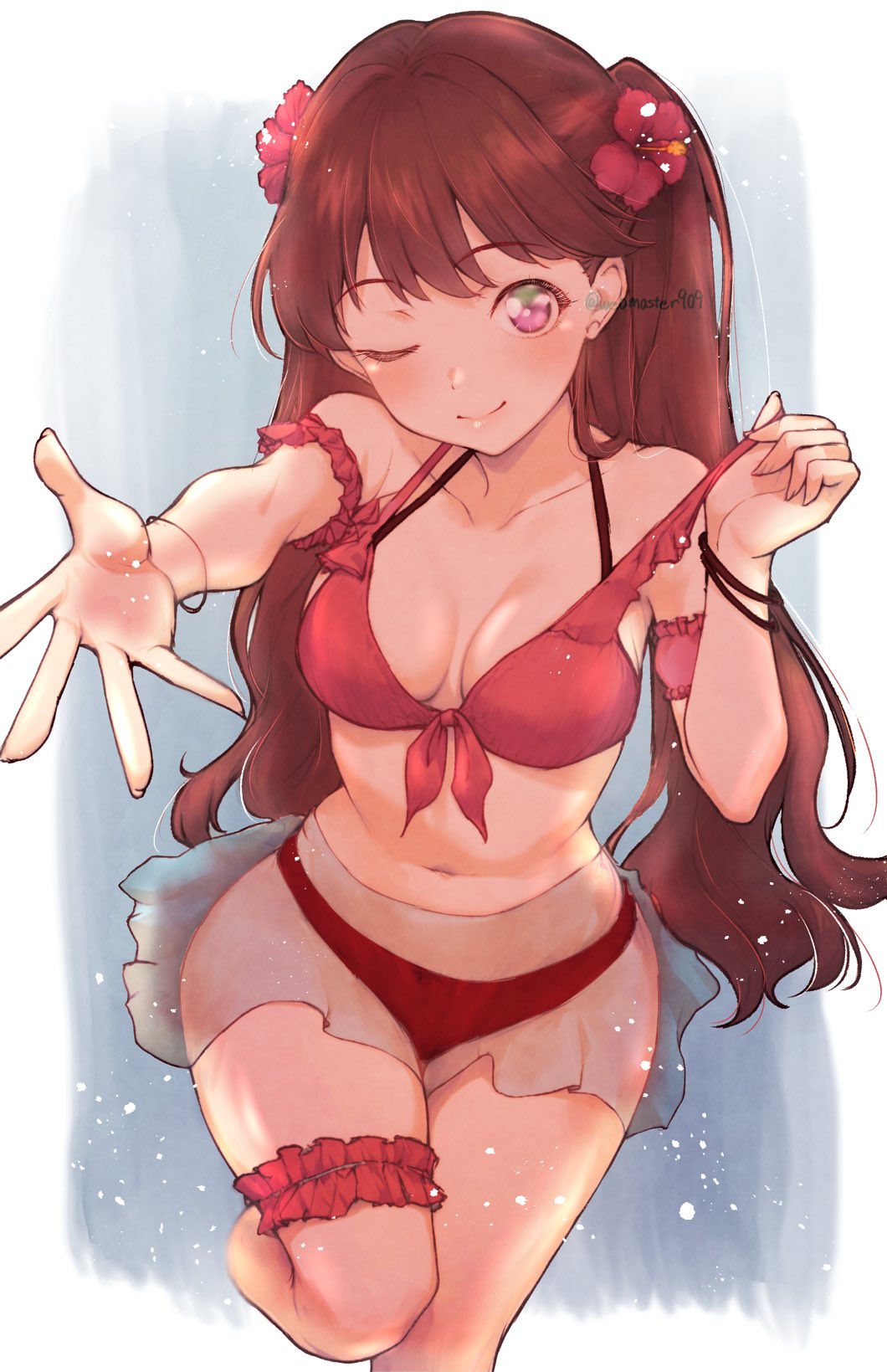 1girl ;) alternate_costume bikini blush border breasts breasts_apart brown_hair cleavage closed_mouth collarbone commentary_request cropped_legs derivative_work flower foot_out_of_frame frilled_thigh_strap fujishima_megumi grey_background hair_flower hair_ornament highres katsuragi_(webmaster909) leg_up like_and_redraw_challenge link!_like!_love_live! long_hair looking_at_viewer love_live! medium_breasts navel one_eye_closed outside_border purple_eyes reaching reaching_towards_viewer red_bikini red_flower smile solo stomach strap_pull swimsuit thigh_strap two_side_up virtual_youtuber white_border