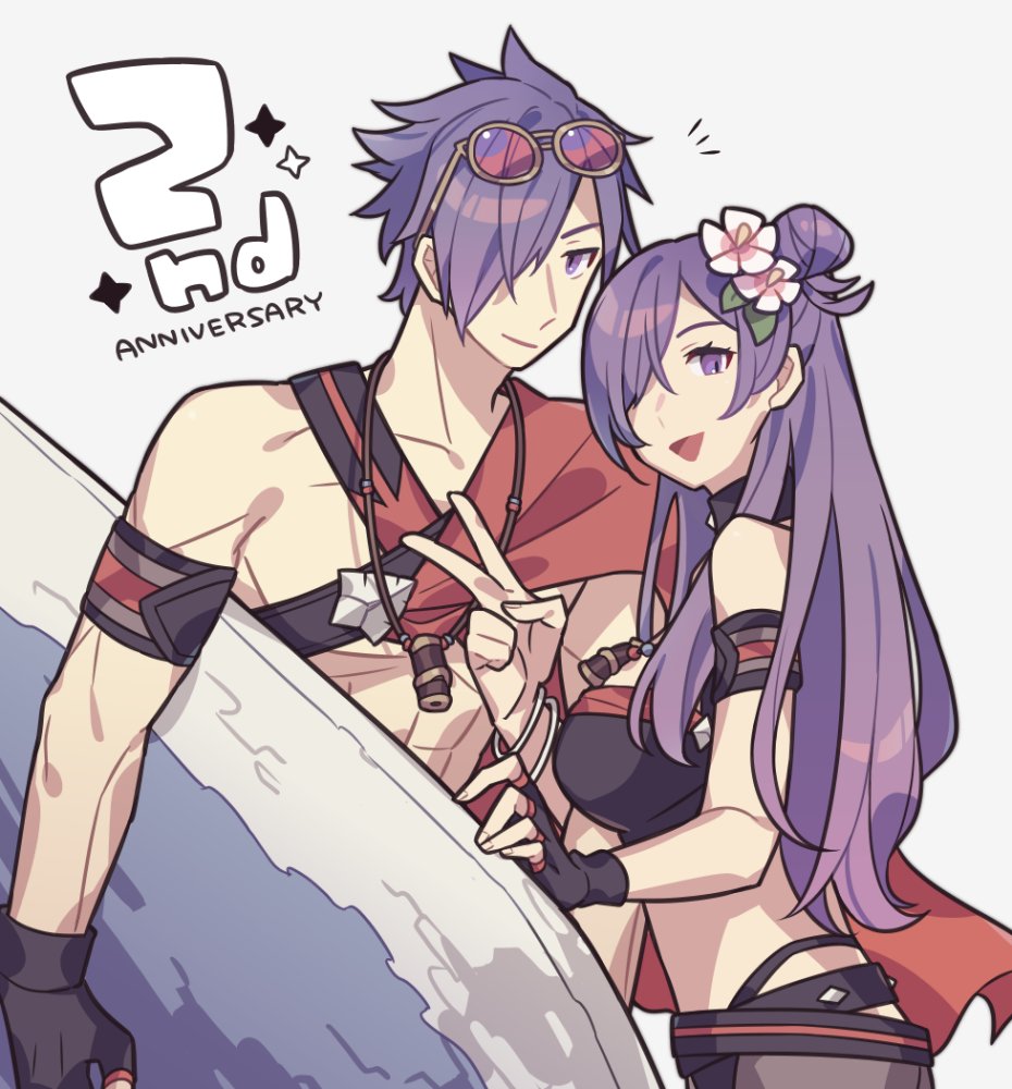 bikini black_bikini black_choker choker female_shez_(fire_emblem) female_shez_(summer)_(fire_emblem) fire_emblem fire_emblem:_three_houses fire_emblem_heroes fire_emblem_warriors:_three_hopes flower haconeri hair_flower hair_ornament hair_over_one_eye male_shez_(fire_emblem) male_shez_(summer)_(fire_emblem) nintendo official_alternate_costume purple_hair smile surfboard swimsuit v white_flower