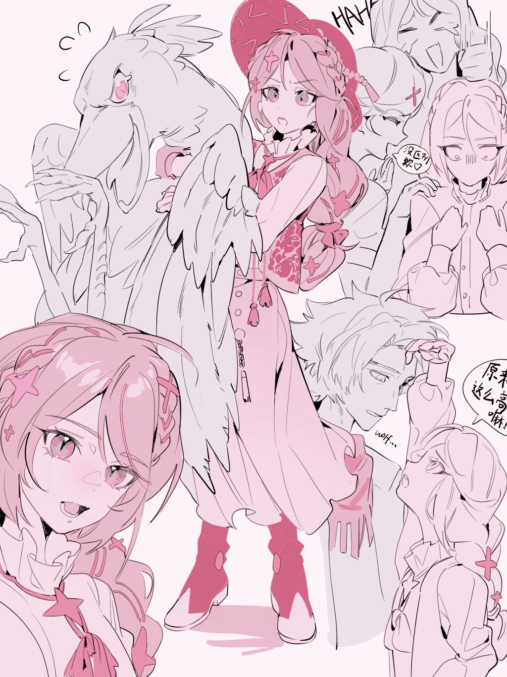 2boys 2girls bird braid classicaloid crossdressing dress embarrassed franz_liszt_(classicaloid) hasshii_(classicaloid) hat height_difference highres hitting long_sleeves ludwig_van_beethoven_(classicaloid) monochrome multiple_boys multiple_girls octahooves open_mouth otowa_kanae pink_hair pink_theme shoebill slit_pupils speech_bubble tassel translation_request trap wolfgang_amadeus_mozart_(classicaloid)