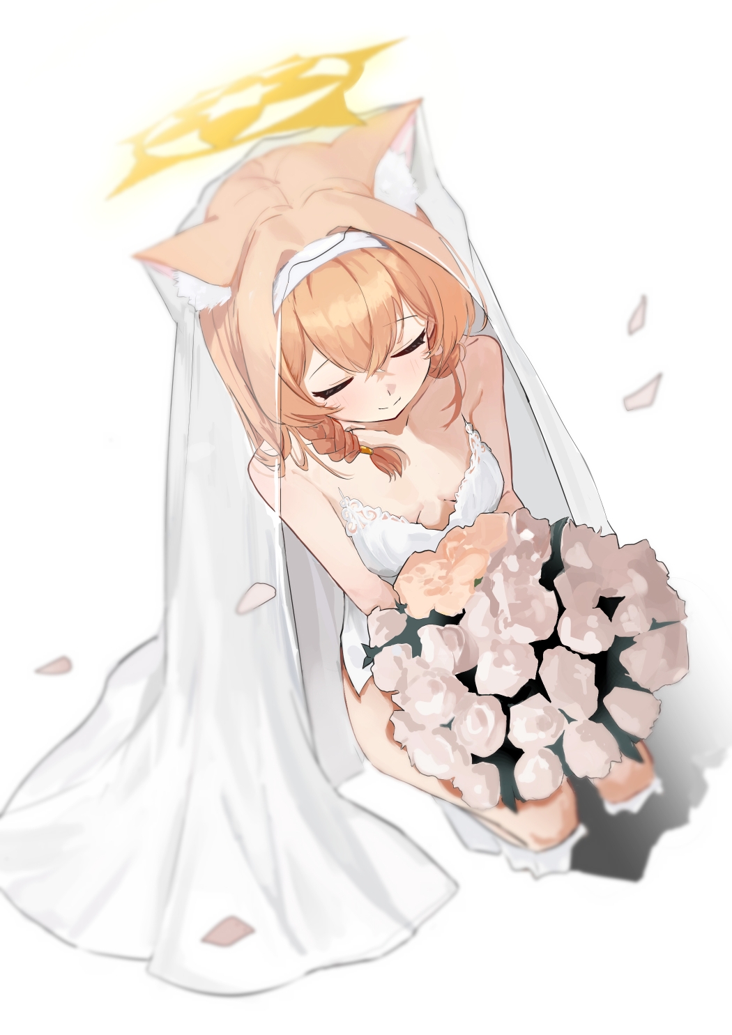 1girl alternate_costume animal_ear_fluff animal_ears blue_archive blurry bouquet braid breasts bridal_veil closed_eyes closed_mouth commentary_request depth_of_field dress flower fox_ears from_above gggggg hairband halo highres holding holding_bouquet kneeling long_hair mari_(blue_archive) orange_hair side_braid simple_background small_breasts smile solo veil wedding_dress white_background white_dress white_hairband yellow_halo