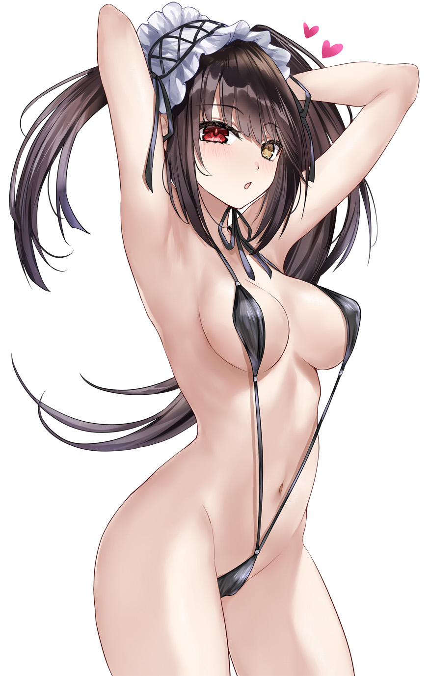 1girl armpits arms_behind_head asle black_hair black_slingshot_swimsuit blush breasts commentary_request cowboy_shot date_a_live floating_hair heart heterochromia highres large_breasts long_hair looking_at_viewer navel parted_lips red_eyes simple_background slingshot_swimsuit solo standing swimsuit tokisaki_kurumi very_long_hair white_background yellow_eyes