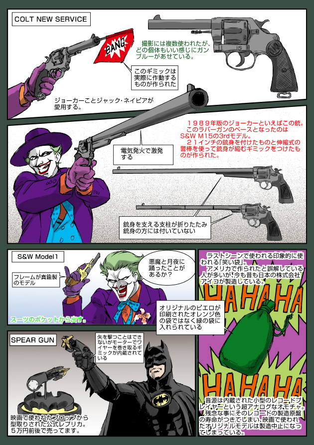 2boys batman batman_(1989) batman_(series) business_suit cape clown colored_skin colt&#039;s_manufacturing_company colt_new_service cowl dc_comics extended_barrel flag flag_gun flower formal_clothes grappling_hook green_hair gun handgun jack_nicholson michael_keaton multiple_boys muta_koji necktie pale_skin revolver s&amp;w_model_1 s&amp;w_model_15-3 smith_&amp;_wesson story_time_(muta_koji) suit superhero_costume supervillain telescoping_barrel the_joker warner_bros. weapon weapon_focus weapon_name weapon_profile white_skin