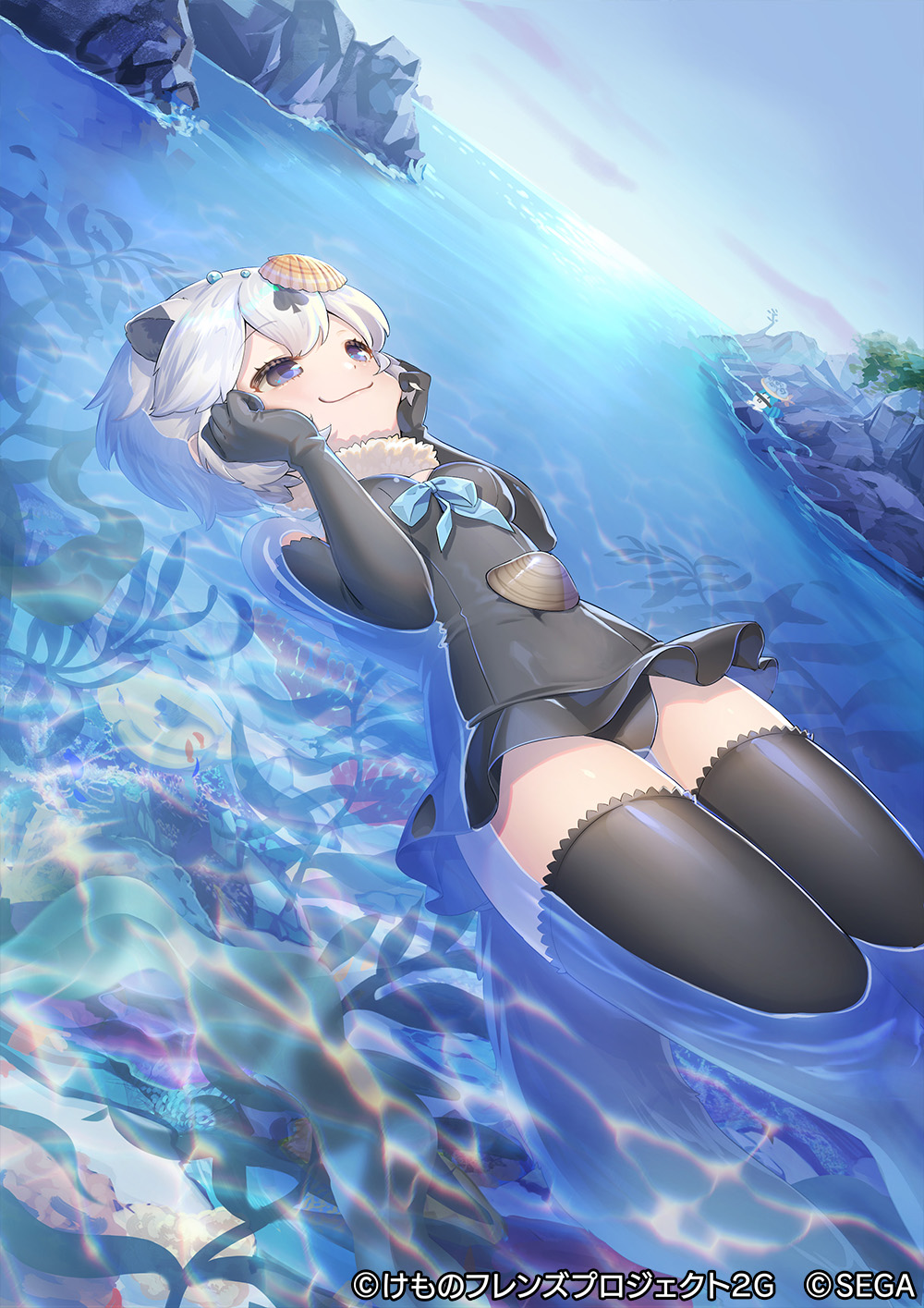 :3 animal_ears bare_shoulders black_gloves black_one-piece_swimsuit black_thighhighs blue_bow blue_bowtie blue_eyes bow bowtie californian_sea_otter_(kemono_friends) commentary_request ctake02 elbow_gloves floating frilled_swimsuit frills fur_collar gloves highres kemono_friends kemono_friends_3 kemono_friends_3:_planet_tours lucky_beast_(kemono_friends) ocean official_art one-piece_swimsuit otter_ears otter_girl otter_tail shell shell_hair_ornament short_hair sleeveless smiley_face solo swimsuit tail thighhighs water white_fur white_hair zettai_ryouiki