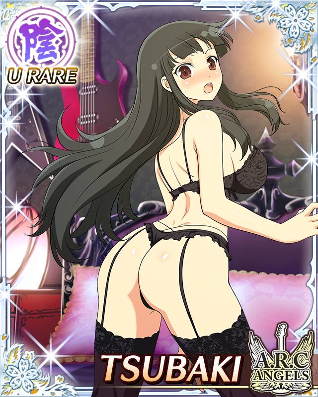 1girl :o ass ass_focus bedroom black_bra black_garter_belt black_garter_straps black_hair black_panties black_thighhighs blush border bra breasts card_(medium) character_name electric_guitar english_text from_behind game_cg garter_belt garter_straps guitar hime_cut indoors instrument lace_trim lamp large_breasts long_hair looking_at_viewer looking_back official_alternate_costume official_art panties red_eyes senran_kagura senran_kagura_new_wave solo thighhighs tsubaki_(senran_kagura) underwear