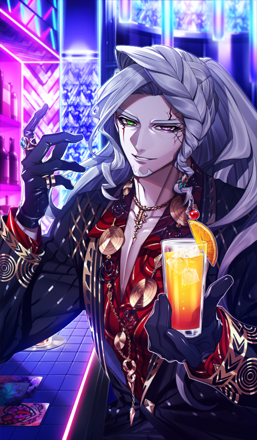 1boy alessandro_di_cagliostro_(fate) bar_(place) black_gloves black_jacket braid celeb_summer_experience! coaster collarbone collared_shirt commentary_request condensation cracked_skin cuff_links cup drinking_glass elbow_rest facial_hair facial_scar fate/grand_order fate_(series) food fruit garnish gloves goatee gold_necklace green_eyes hand_up heterochromia holding holding_cup ice ice_cube jacket jewelry long_hair long_sleeves looking_at_viewer male_focus multiple_rings necklace official_alternate_costume official_art orange_(fruit) orange_slice partially_unbuttoned pectorals pink_eyes ponytail red_shirt ring scar scar_on_cheek scar_on_face shirt sidelocks sitting smile solo suit_jacket teeth third-party_source tropical_drink tumbler_glass upper_body v-shaped_eyebrows white_facial_hair white_hair y_at_(yuuya)