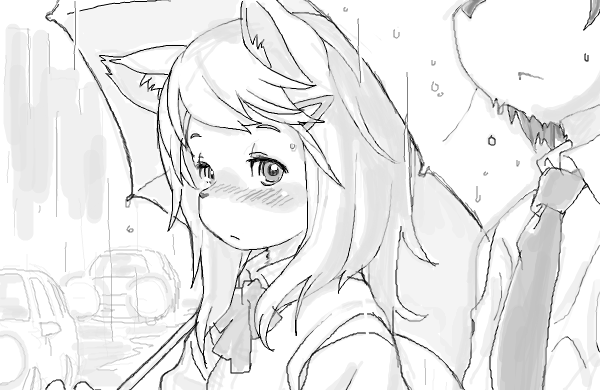 1boy 1girl body_fur car dog_boy dog_girl furry furry_female furry_male grey_hair greyscale holding holding_umbrella kikurage_(crayon_arts) long_hair monochrome motor_vehicle original outdoors rain school_uniform solo_focus umbrella upper_body