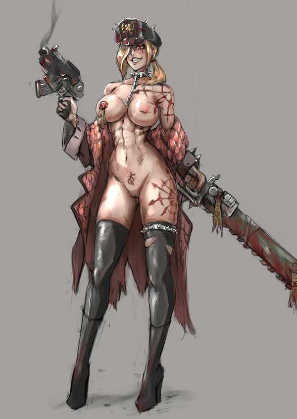 1girl blonde_hair blood bloody_weapon blush boots breasts chain chaos_(warhammer) cleft_of_venus collar down_jacket full_body grey_background gun hair_over_one_eye hat high_heels holding holding_gun holding_sword holding_weapon jacket large_breasts looking_down midriff military_hat navel nipple_piercing nude one_eye_covered open_clothes open_jacket piercing ponytail purity_seal pussy red_eyes scar scar_on_arm scar_on_breasts scar_on_stomach scar_on_thigh sirpetus slaanesh_(symbol) smug solo spiked_collar spiked_hat spiked_nipple_piercing spiked_thighlet spikes standing sword thighhighs torn_clothes torn_thighhighs warhammer_40k weapon