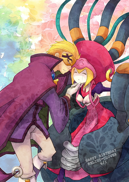 1boy 1girl android arc_system_works birthday blazblue blonde_hair boots breasts cape colored_skin couple closed_eyes facial_hair gloves grabbing_another&#039;s_chin happy_birthday high_collar ignis_(blazblue) machine mask relius_clover robot_ears short_hair stubble white_skin younomine