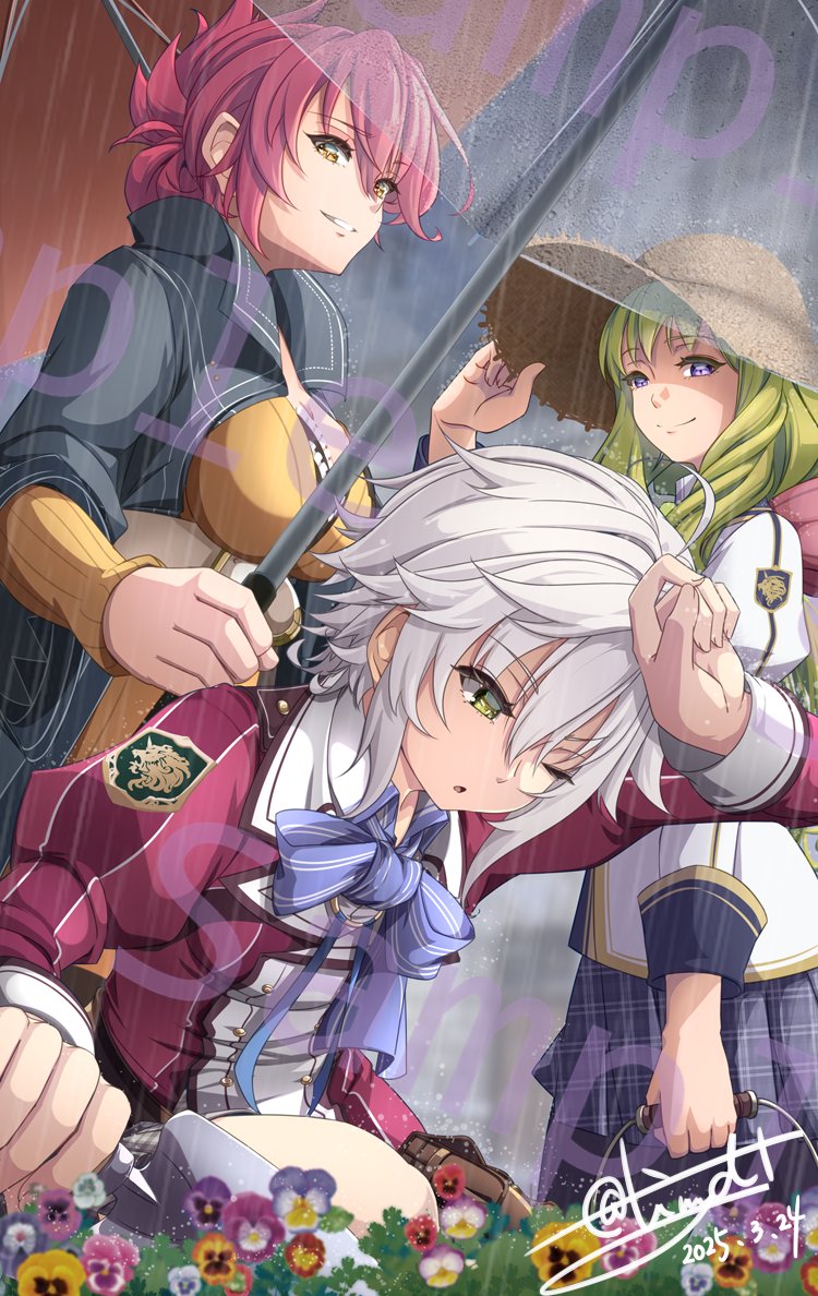 3girls blue_eyes bow bowtie breasts bucket coat dated double-parted_bangs edel_(eiyuu_densetsu) eiyuu_densetsu fie_claussell flower green_eyes green_hair hair_bun holding holding_bucket holding_umbrella large_breasts long_hair multiple_girls one_eye_closed parted_bangs pink_hair rain sample_watermark sara_valestein school_uniform sen_no_kiseki_(series) sen_no_kiseki_i short_hair signature small_breasts smile thors_military_academy_class_vii_uniform thors_military_academy_school_uniform tinybiard twitter_username umbrella water_drop watermark white_hair yellow_eyes