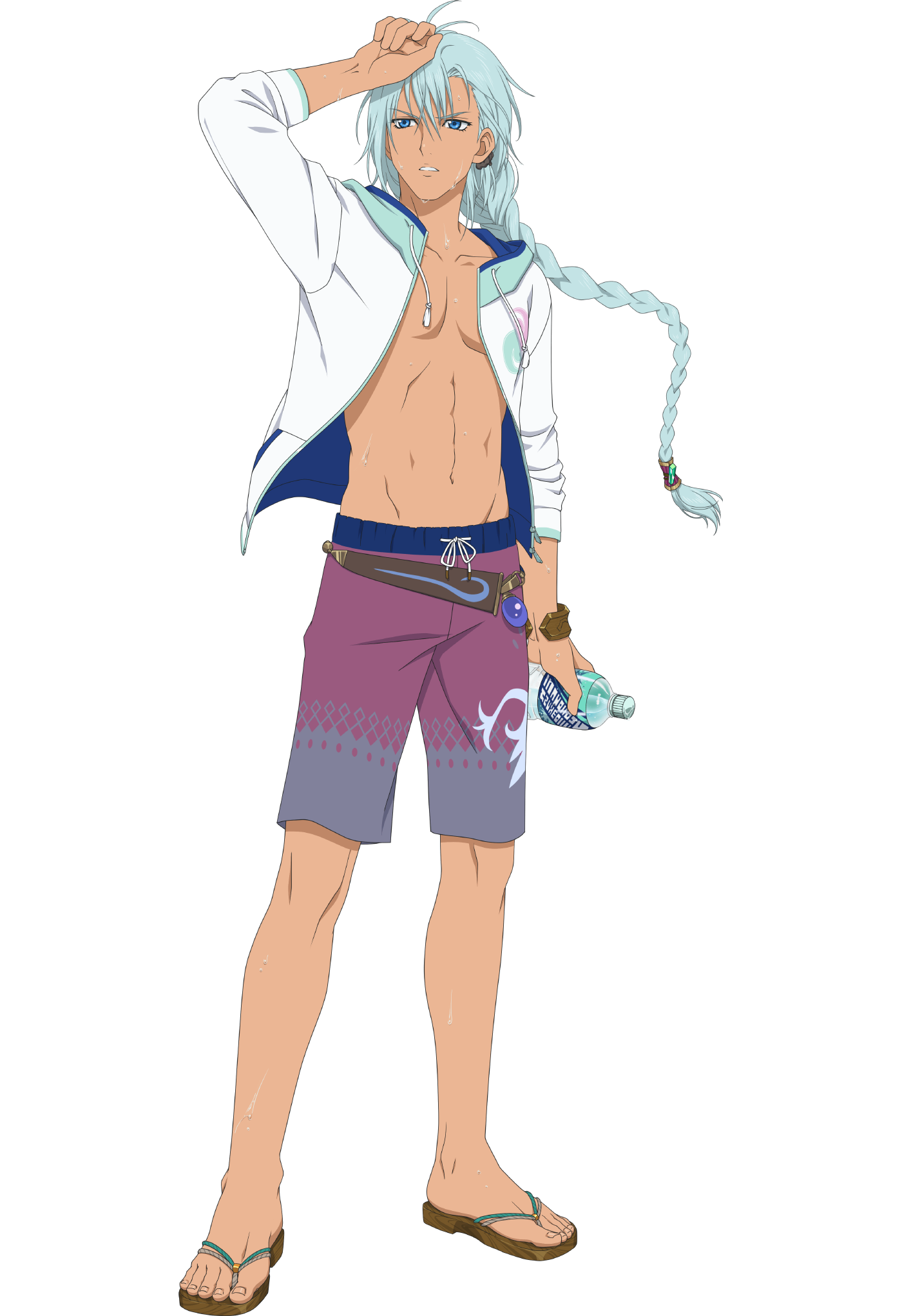 1boy aqua_hair artist_request blue_eyes bottle braid commentary drawstring english_commentary feet full_body hair_between_eyes highres holding holding_bottle long_hair male_focus male_swimwear middle_finger official_art open_clothes open_shirt print_male_swimwear print_swim_trunks print_swimsuit purple_male_swimwear purple_swim_trunks solo swim_trunks swimsuit tales_of_(series) tales_of_asteria tales_of_rebirth toenails toes topless_male transparent_background veigue_lungberg