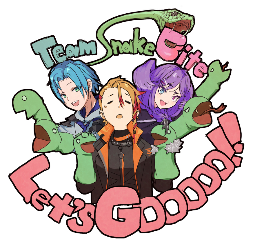 1girl 2boys :d axel_syrios black_jacket blonde_hair blue_eyes blue_hair closed_eyes commentary commentary_request english_commentary english_text facing_viewer fang glasses green_eyes hair_between_eyes hair_ornament hairclip hand_puppet head_wings heterochromia holostars holostars_english hood hoodie jacket lao_ren_xing long_sleeves looking_at_viewer mixed-language_commentary multicolored_hair multiple_boys nijisanji nijisanji_en open_mouth puppet purple_eyes purple_hair raised_eyebrow red_hair regis_altare selen_tatsuki short_hair single_tear smile snake snake_puppet teeth upper_teeth_only virtual_youtuber wings