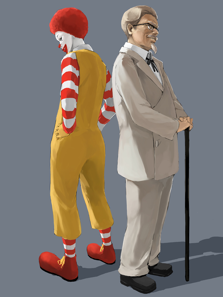 2boys back-to-back cane colonel_sanders facial_hair full_body glasses goatee highres kfc kuroko_(piii) male_focus mcdonald&#039;s multiple_boys red_hair ronald_mcdonald shoes simple_background smile socks striped_clothes striped_legwear striped_socks
