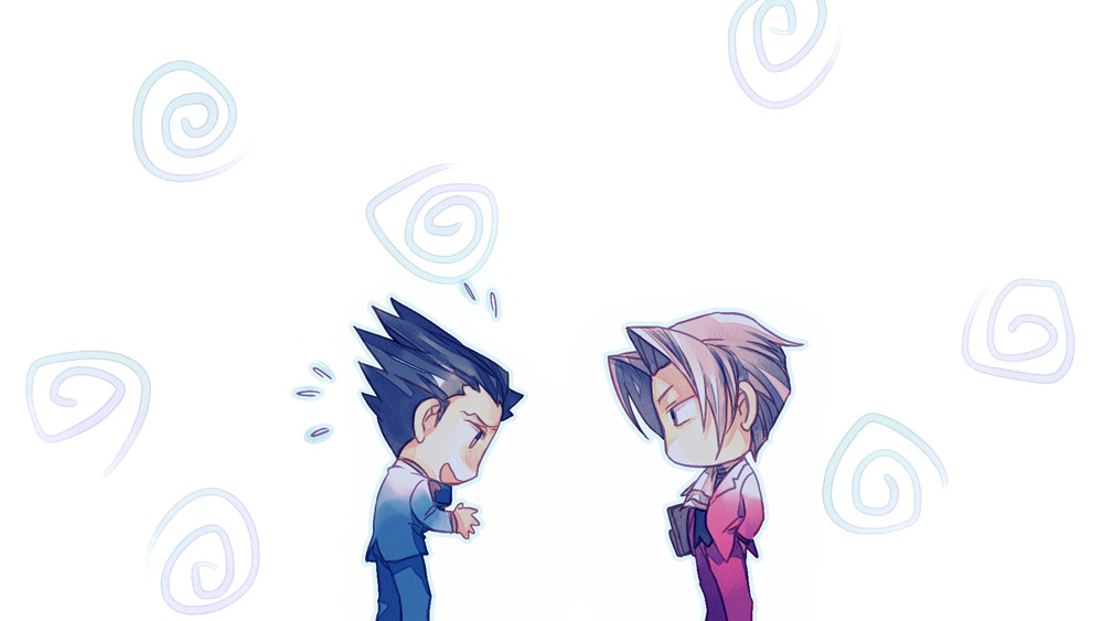 ace_attorney chibi formal_clothes miles_edgeworth niian phoenix_wright spiked_hair spiral suit