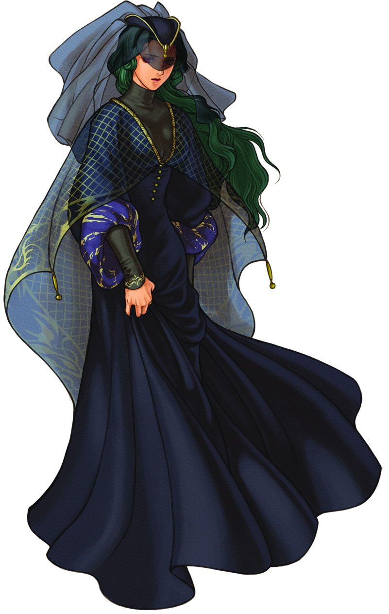 1girl almedha_(fire_emblem) cloak dark-skinned_female dark_skin dress female_focus fire_emblem fire_emblem:_radiant_dawn green_hair highres kita_senri laguz_(fire_emblem) long_hair nintendo official_art pink_eyes red_eyes simple_background solo veil