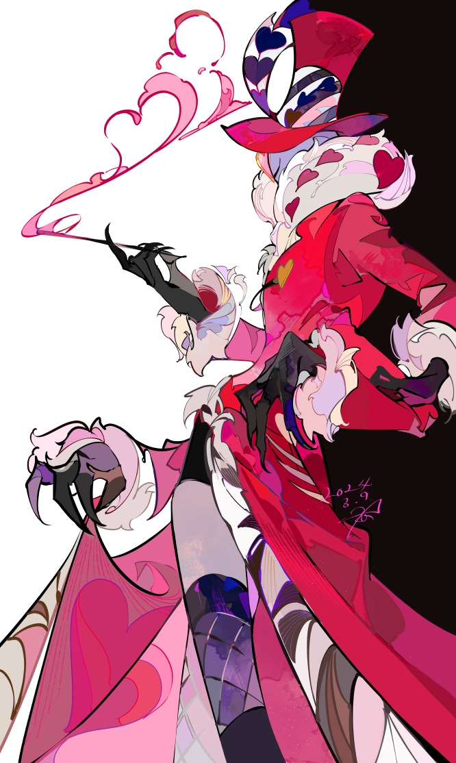 1boy cigarette_holder demon_boy extra_arms ezu_(e104mjd) fishnet_thighhighs fishnets hat hazbin_hotel heart heart-shaped_eyewear moth_boy pimp thighhighs valentino_(hazbin_hotel) very_long_coat