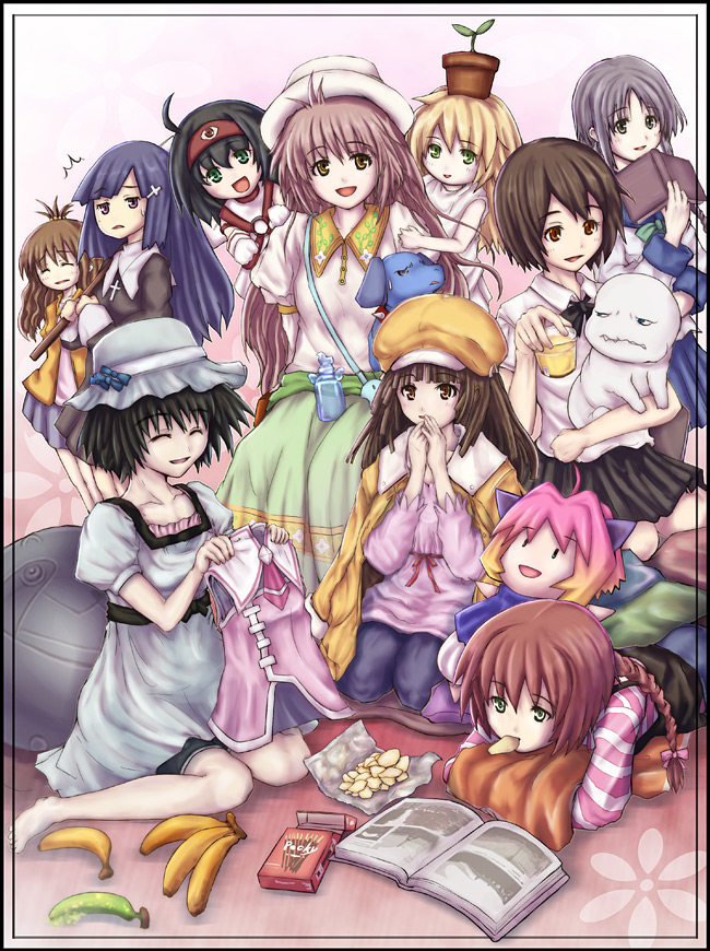 00s 6+girls akishiro_haruya amano_tohko amano_tooko bad_id bad_pixiv_id bakemonogatari banana barefoot blush book bungaku_shoujo cenco cencoroll chips_(food) crossover cute_&amp;_girly_(idolmaster) dai_mahou_touge darker_than_black flat_chest food fruit gel_banana hanato_kobato hanazawa_kana idolmaster idolmaster_dearly_stars ioryogi kannagi kobato. kusano mizutani_eri monogatari_(series) mouth_hold multiple_girls pocky potato_chips potemayo potemayo_(character) sekirei sengoku_nadeko shiina_mayuri steins;gate suou_pavlichenko tanaka_potaru to_love-ru voice_actor_connection yuki_(cencoroll) yuuki_mikan zange