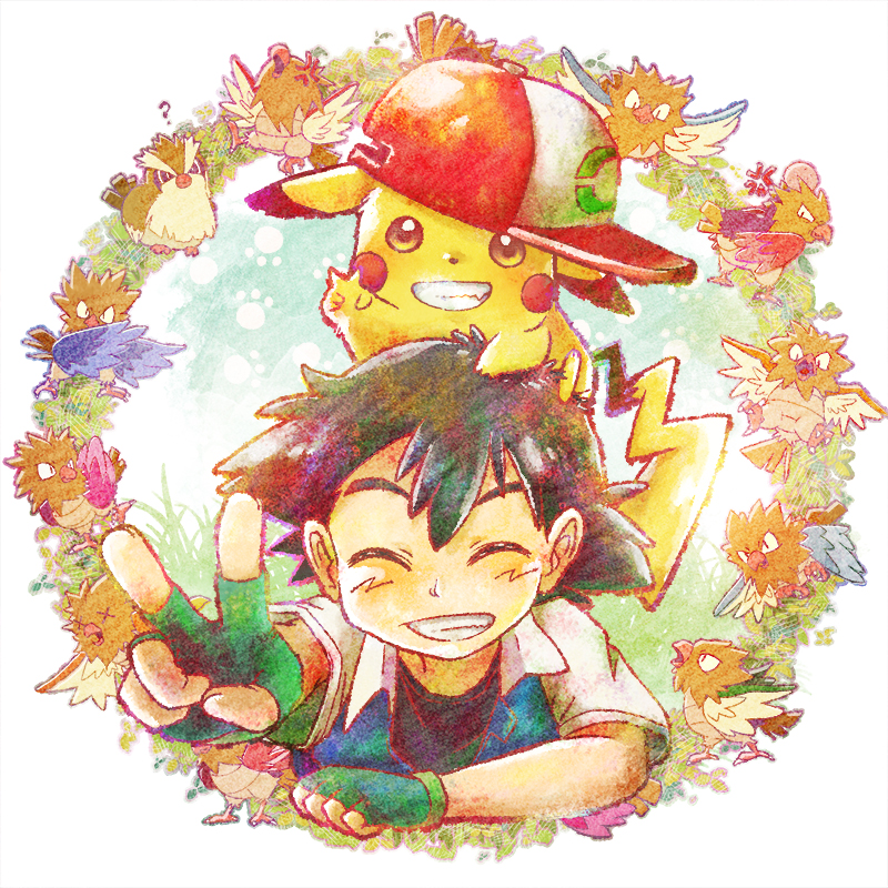 1boy ? ash_ketchum baseball_cap bird black_hair black_shirt blue_jacket blush clenched_teeth closed_eyes clothed_pokemon commentary_request fingerless_gloves gen_1_pokemon gloves green_gloves grin hat imomushi_(pixiv_9001433) jacket looking_at_viewer male_focus nintendo pidgey pikachu pokemon pokemon_(anime) pokemon_(classic_anime) pokemon_(creature) shirt short_sleeves smile spearow teeth v
