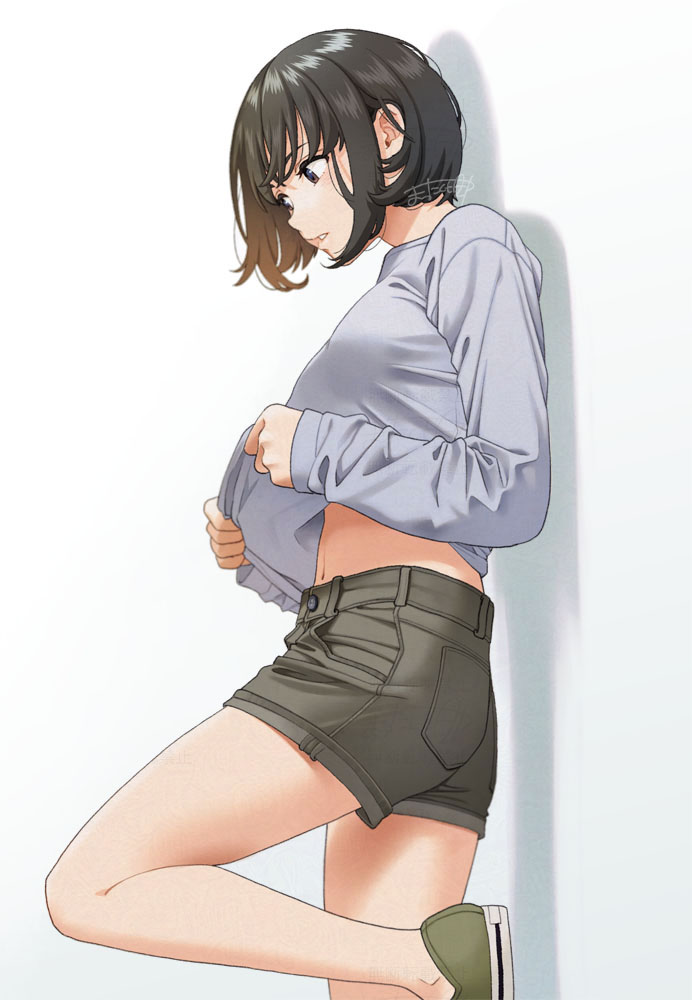 1girl against_wall breasts brown_eyes brown_hair clothes_lift commentary green_shoes green_shorts grey_shirt lifting_own_clothes long_sleeves mattaku_mousuke medium_breasts navel original parted_lips shirt shirt_lift shoes short_hair shorts solo stomach