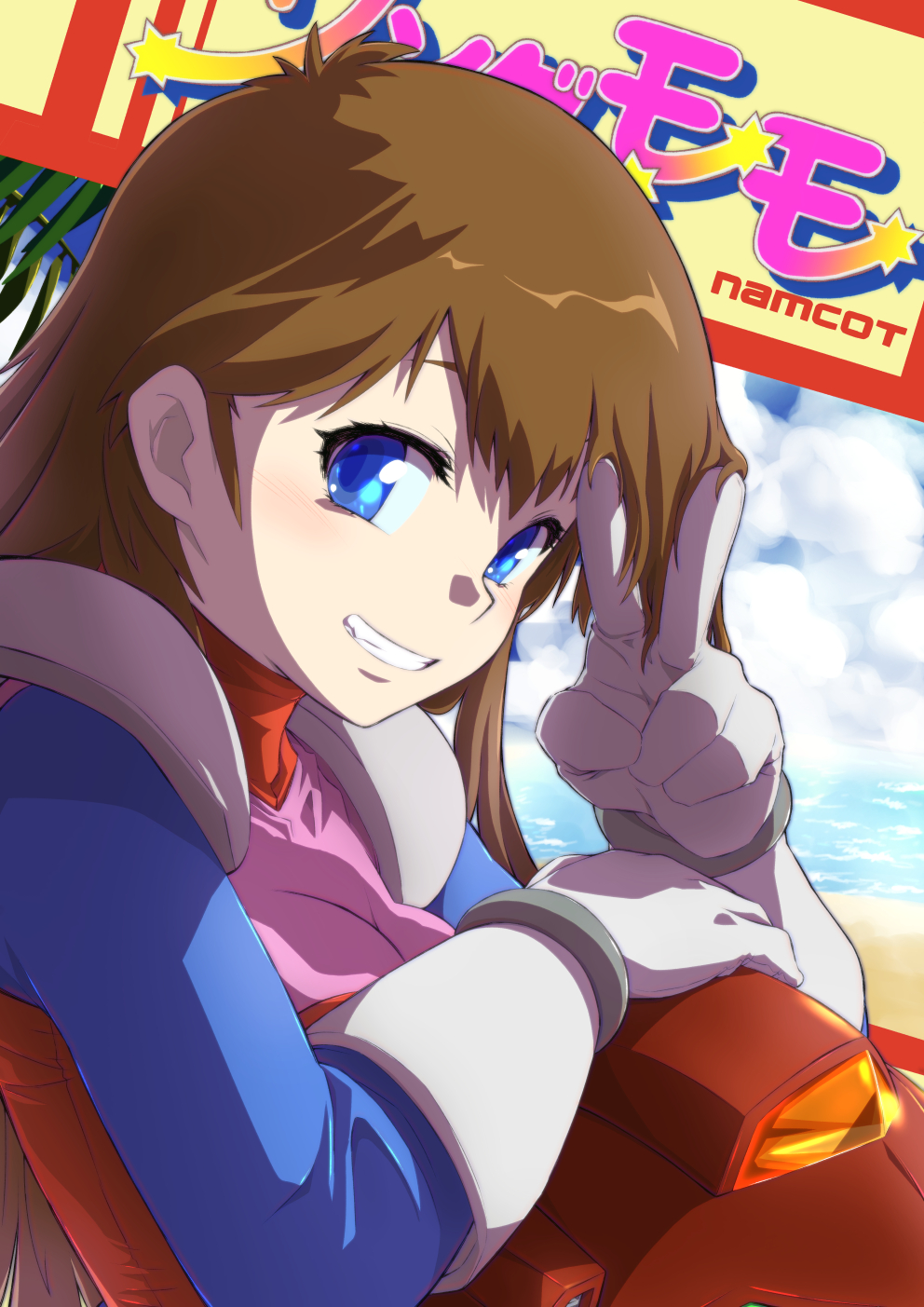 1girl beach blue_eyes blue_sky brown_hair dress gloves helmet highres kanda_momo ko_akuman long_hair red_dress red_helmet sky smile superhero_costume v white_gloves wonder_momo