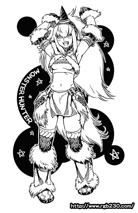 1girl :d arms_up breasts cleavage copyright_name full_body fur_trim greyscale hair_between_eyes hairband horn_hairband kirin_(armor) legs_apart loincloth long_hair medium_breasts minagawa_fumio monochrome monster_hunter_(character) monster_hunter_(series) navel open_mouth smile solo standing strapless thighhighs tube_top watermark web_address