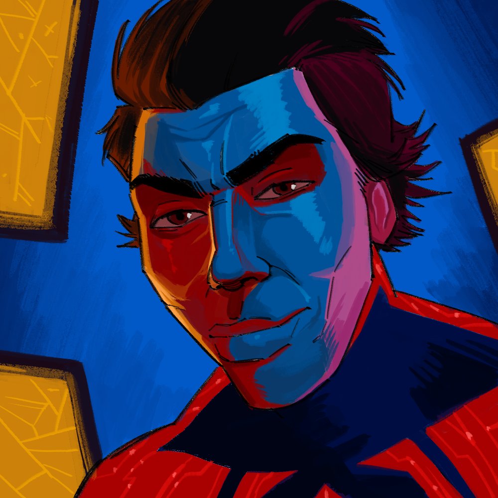 1boy brown_hair commentary english_commentary jinjango kazuya_guy_(meme) lips male_focus marvel meme miguel_o&#039;hara portrait smile solo spider-man:_across_the_spider-verse spider-man_(2099) spider-man_(series) spider-verse superhero_costume