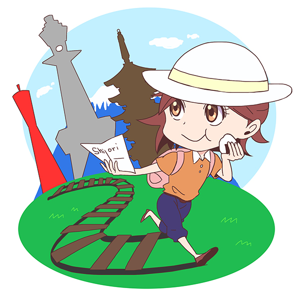 1girl backpack backpack_travel bag colorized commentary food hat higuchi_(trigger) kobe kobe_port_tower kyoto kyoto_tower mount_fuji official_art onigiri osaka_(city) osaka_castle picnic promotional_art railroad_tracks simple_background smile trigger_(company)