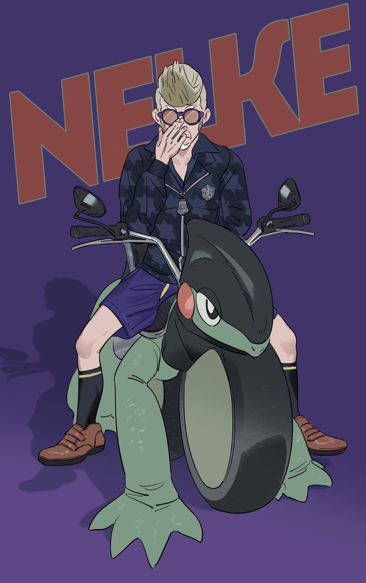 1boy adjusting_eyewear black-framed_eyewear black_socks blonde_hair brown_footwear clavell_(pokemon) commentary_request cyclizar facial_hair goatee hand_up jacket male_focus nintendo pokemon pokemon_(creature) pokemon_sv purple_background purple_shorts riding riding_pokemon shoes short_hair shorts sitting socks sunglasses tsuruba_(tsu41014812) zipper_pull_tab
