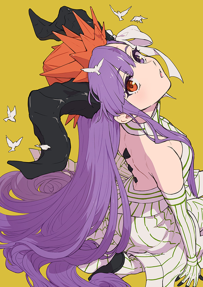 1girl animal bandages bird blush dress fate/grand_order fate_(series) giant giantess hair_spread_out isshoku_(shiki) kingprotea_(fate) kingprotea_(third_ascension)_(fate) long_hair open_mouth pigeon purple_eyes purple_hair sitting very_long_hair