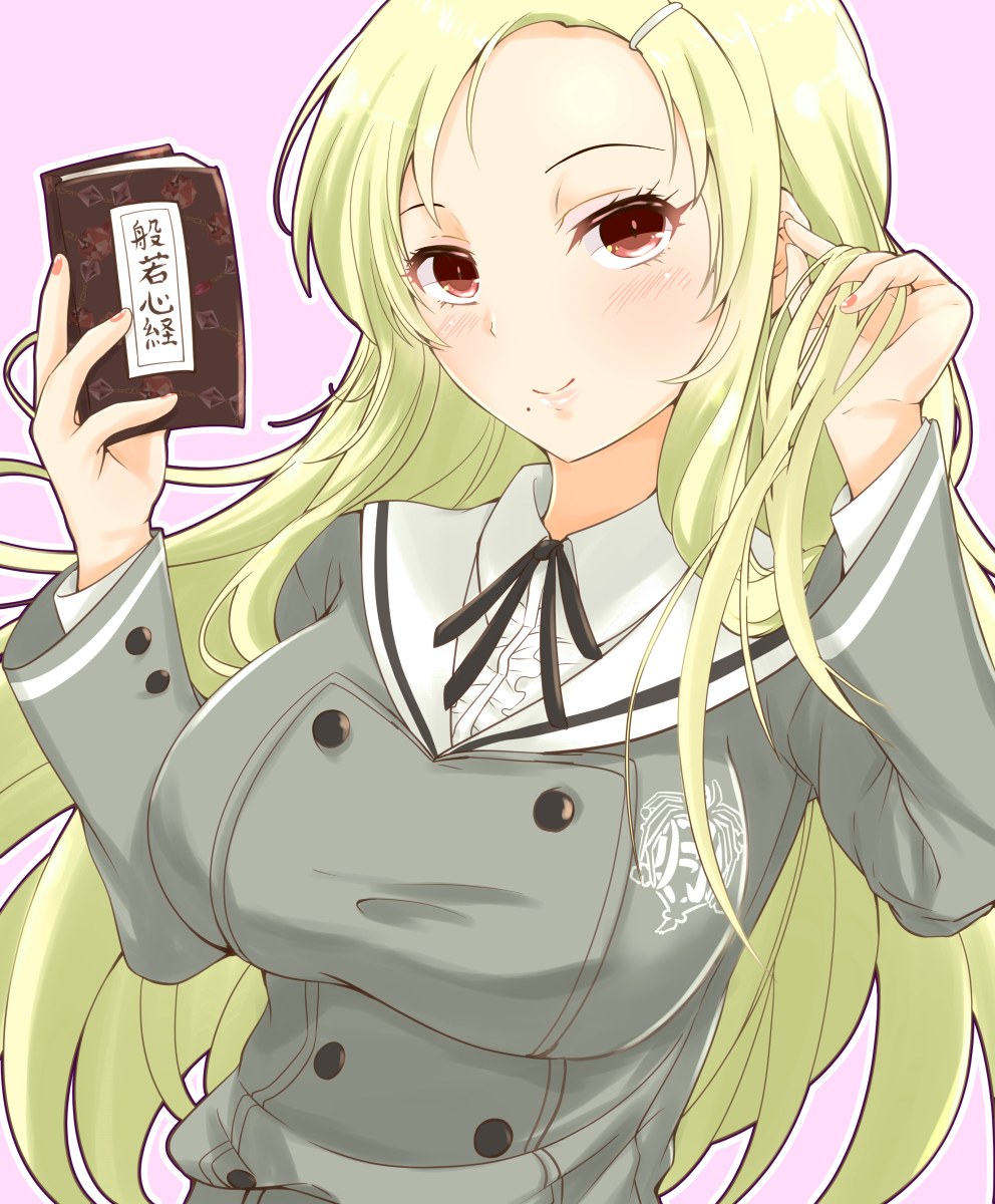 1girl adjusting_hair black_ribbon blonde_hair blush book breasts buttons center_frills double-breasted fingernails frills gessen_academy_school_uniform grey_shirt hair_ornament hairclip highres holding holding_book large_breasts long_hair long_sleeves looking_at_viewer mole mole_under_mouth nail_polish parted_bangs pink_background pink_nails red_eyes ribbon ryou.r school_emblem school_uniform senran_kagura senran_kagura_shinovi_versus shiki_(senran_kagura) shirt simple_background smile solo translation_request undershirt upper_body white_undershirt