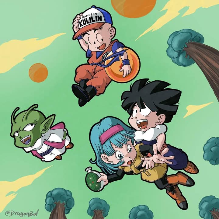 1girl 3boys black_eyes black_hair blue_eyes blue_hair bulma dende dragon_ball dragon_ball_(object) dragon_radar flying happy kuririn multiple_boys smile son_gohan