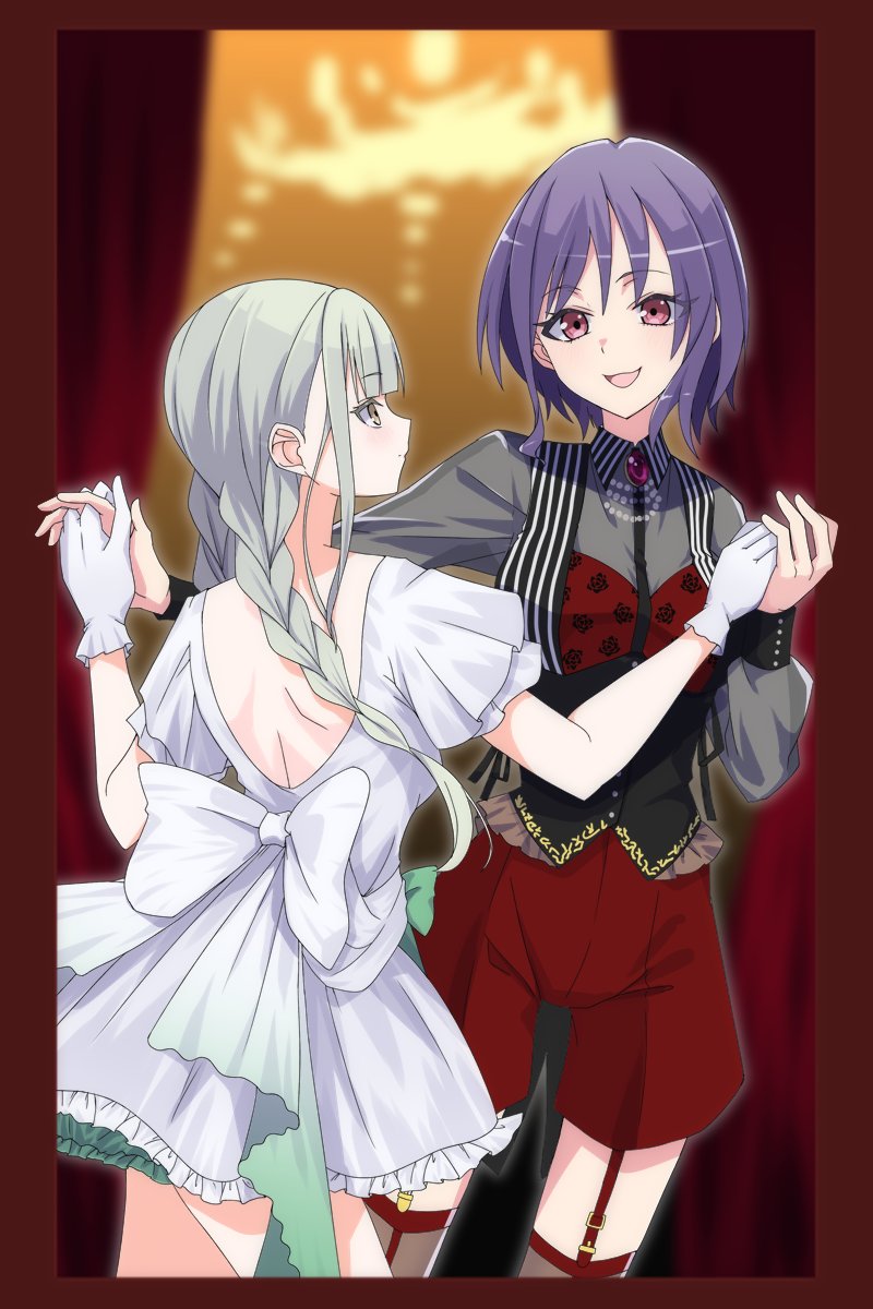 2girls back_bow bang_dream! bang_dream!_it&#039;s_mygo!!!!! black_vest blunt_bangs blurry blurry_background border bow braid brown_thighhighs chandelier closed_mouth commentary_request corset cowboy_shot curtains dancing dress frilled_dress frilled_gloves frills garter_straps gloves gradient_bow green_bow grey_hair grey_shirt gumoyu hair_between_eyes hands_up high-waist_shorts highres holding_hands indoors interlocked_fingers jewelry long_sleeves looking_at_another looking_at_viewer low_twin_braids low_twintails mortis_(bang_dream!) mortis_(costume)_(bang_dream!) multiple_girls necklace official_alternate_costume official_alternate_hairstyle open_mouth pearl_necklace pink_brooch pink_eyes profile purple_hair red_border red_shorts see-through_clothes see-through_sleeves shirt short_hair short_sleeves shorts smile striped_clothes striped_vest thighhighs twin_braids twintails two-tone_bow vertical-striped_clothes vertical-striped_vest vest wakaba_mutsumi white_bow white_dress white_gloves yellow_eyes yuri
