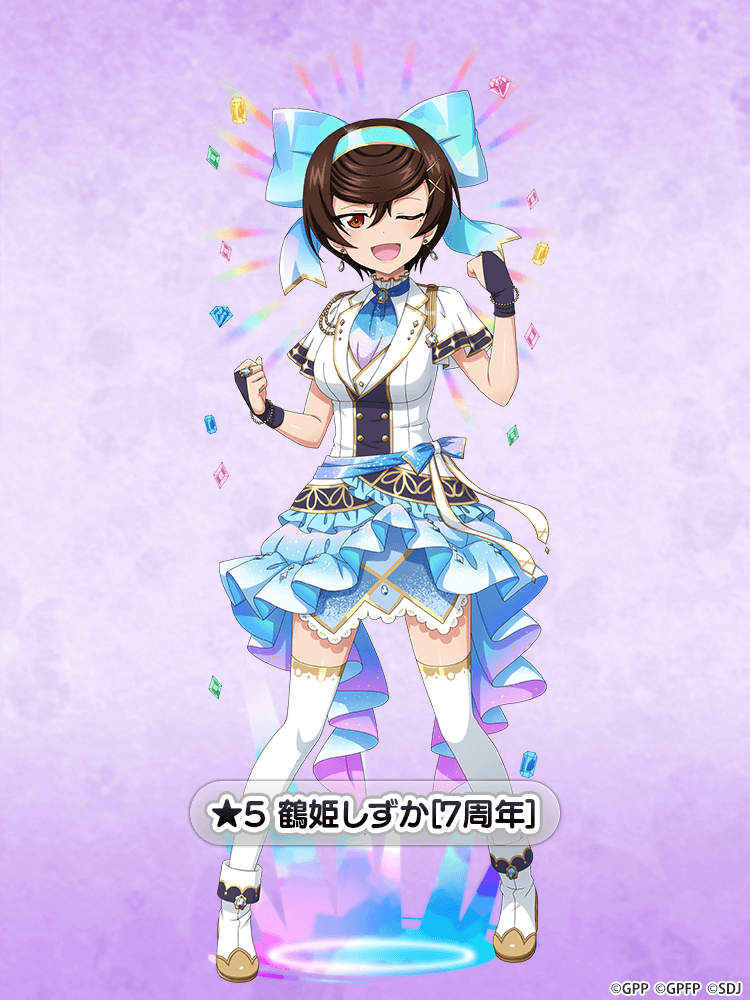 1girl ;d ankle_boots anniversary arm_up ascot beret black_gloves blue_ascot blue_bow blue_bowtie blue_skirt boots bow bowtie bracelet brooch brown_eyes brown_hair character_name clenched_hands collar commentary_request dress_shirt earrings frilled_collar frilled_skirt frills gem girls_und_panzer girls_und_panzer_ribbon_no_musha girls_und_panzer_senshadou_daisakusen! gloves hair_bow hair_ribbon half_gloves hat high_collar idol jacket jewelry looking_at_viewer mini_hat miniskirt official_alternate_costume official_art one_eye_closed open_mouth red_eyes red_ribbon ribbon shirt short_hair short_sleeves showgirl_skirt skirt smile solo standing star_(symbol) swept_bangs thighhighs tilted_headwear tsuruki_shizuka v watermark white_boots white_jacket white_thighhighs