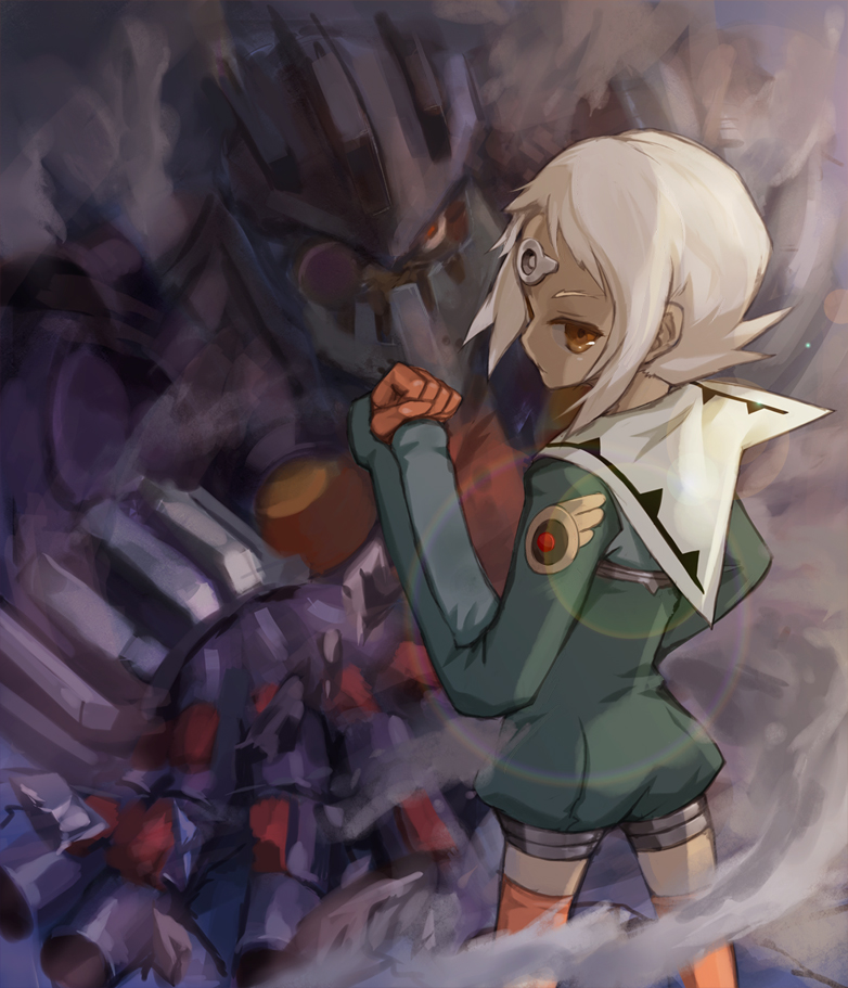 00s 1girl bodysuit boots dark-skinned_female dark_skin dix-neuf female_focus gloves lal&#039;c_mellk_mal long_sleeves mecha pondel red_eyes robot romper sailor_collar short_hair silver_hair solo thigh_boots thighhighs thumb_hole top_wo_nerae!_(series) top_wo_nerae_2! yellow_eyes