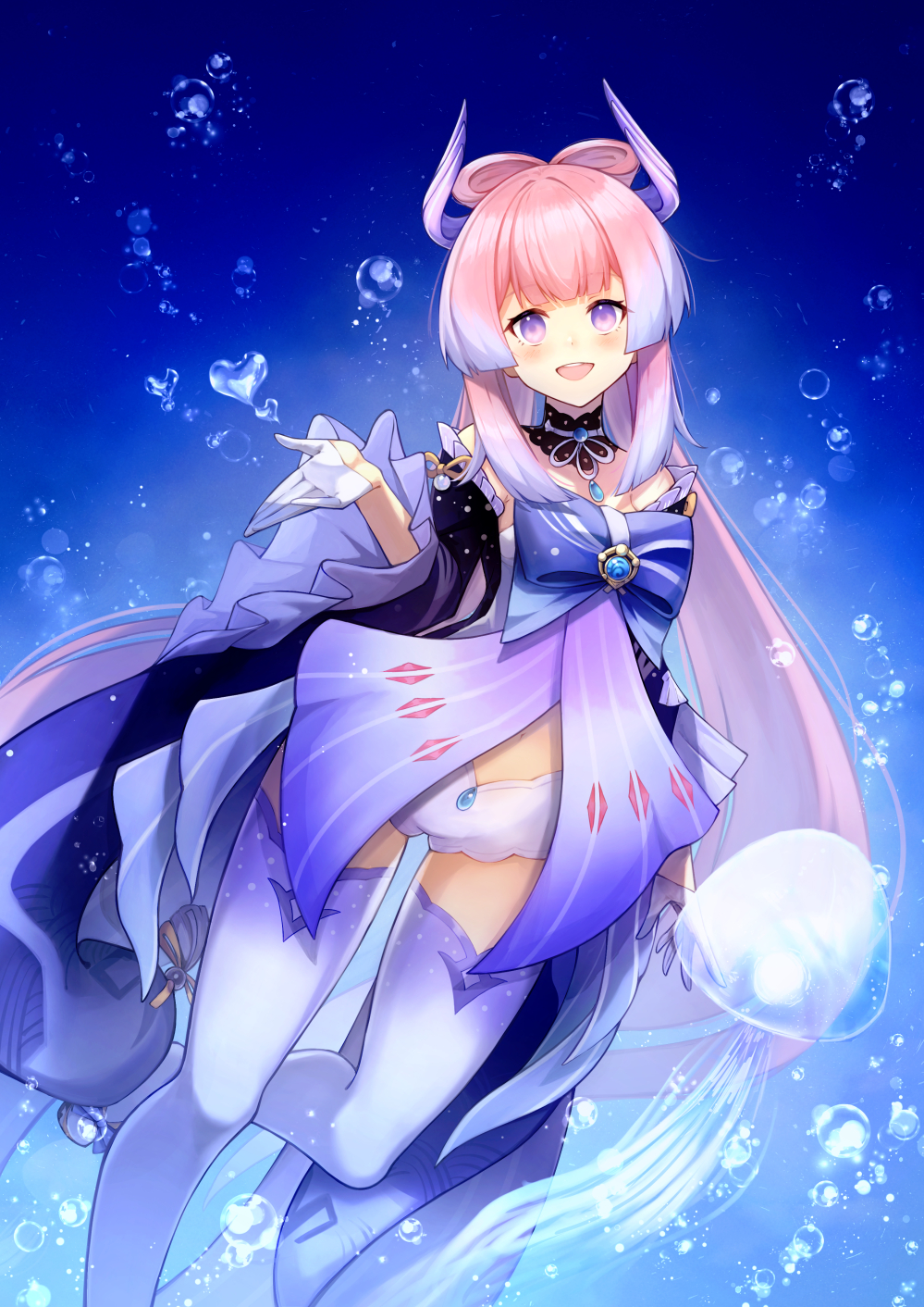 1girl :d bare_shoulders blunt_bangs bow choker commentary detached_sleeves english_commentary genshin_impact gloves gradient_hair hair_ornament highres jellyfish long_hair long_sleeves looking_at_viewer low_twintails midriff multicolored_hair navel nontraditional_miko open_mouth pink_hair purple_eyes rizihike sangonomiya_kokomi short_shorts shorts sidelocks smile thighhighs twintails underwater vision_(genshin_impact) white_gloves wide_sleeves zettai_ryouiki