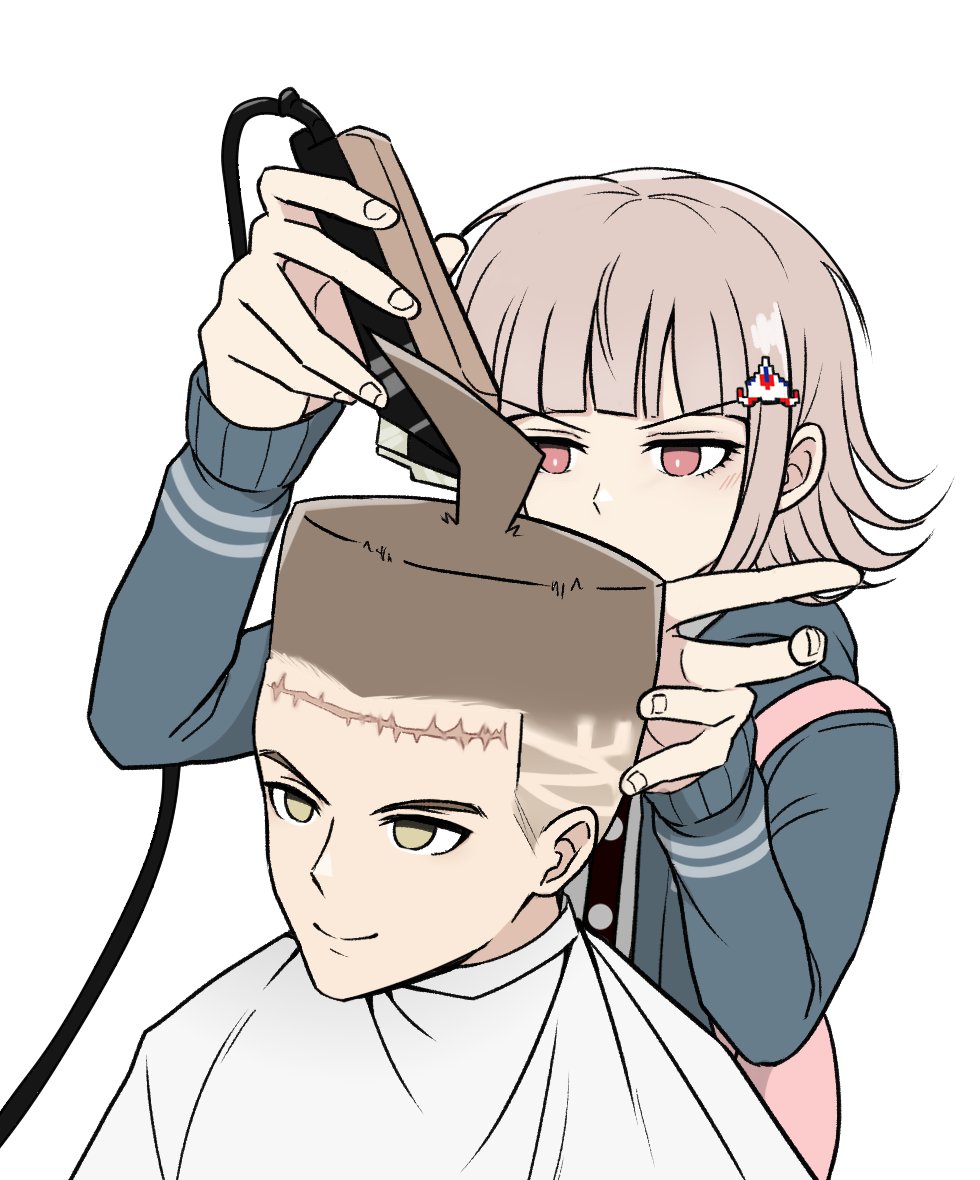 1boy 1girl ahoge brown_hair choso_giving_toudou_a_haircut_(meme) danganronpa_(series) danganronpa_2:_goodbye_despair galaga hair_ornament hairdressing hinata_hajime holding kmnm_1403 long_sleeves medium_hair meme nanami_chiaki pink_eyes razor scar scar_on_face scar_on_forehead simple_background smile white_background