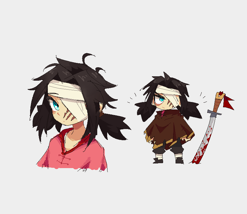 1girl bags_under_eyes bandage_over_one_eye bandaged_head bandages black_hair blood bloody_weapon blue_eyes buddy_(lisa) cape chibi cropped_torso jaggy_lines lisa_(series) lisa_the_joyful neamosub pants pink_shirt planted planted_sword planted_weapon scar scar_on_face serious shirt simple_background solo standing sword twintails weapon white_background