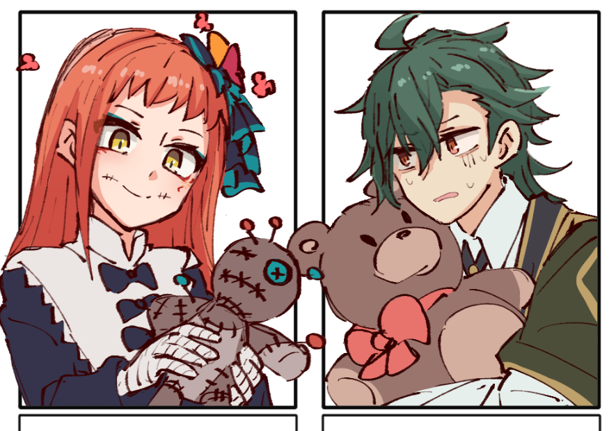 1boy 1girl alonemistrist aqua_eyeshadow bandaged_hand bandages eyeliner eyeshadow facial_mark fire_emblem fire_emblem_engage green_hair gregory_(fire_emblem) hair_ornament makeup nintendo panette_(fire_emblem) red_eyeliner red_eyes short_bangs stitched_mouth stitches stuffed_animal stuffed_toy teddy_bear voodoo_doll yellow_eyes