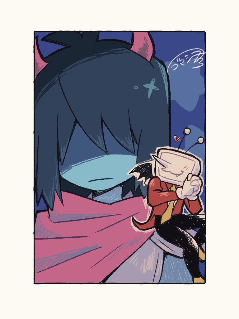 1boy 1other ant_tenna black_pants black_wings blue_hair blue_skin border colored_skin commentary_request crt deltarune demon_horns demon_wings heart horns jacket kris_(dark_world)_(deltarune) kris_(deltarune) mini_person_on_shoulder necktie object_head pants partially_shaded_face rechain red_jacket signature star_(symbol) white_border wings yellow_necktie
