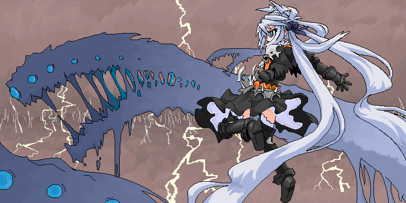 armor blue_eyes boots bow gauntlets hair_bow lightning living_hair long_hair mof mof&#039;s_silver_haired_twintailed_girl oekaki original silver_hair solo thighhighs twintails very_long_hair