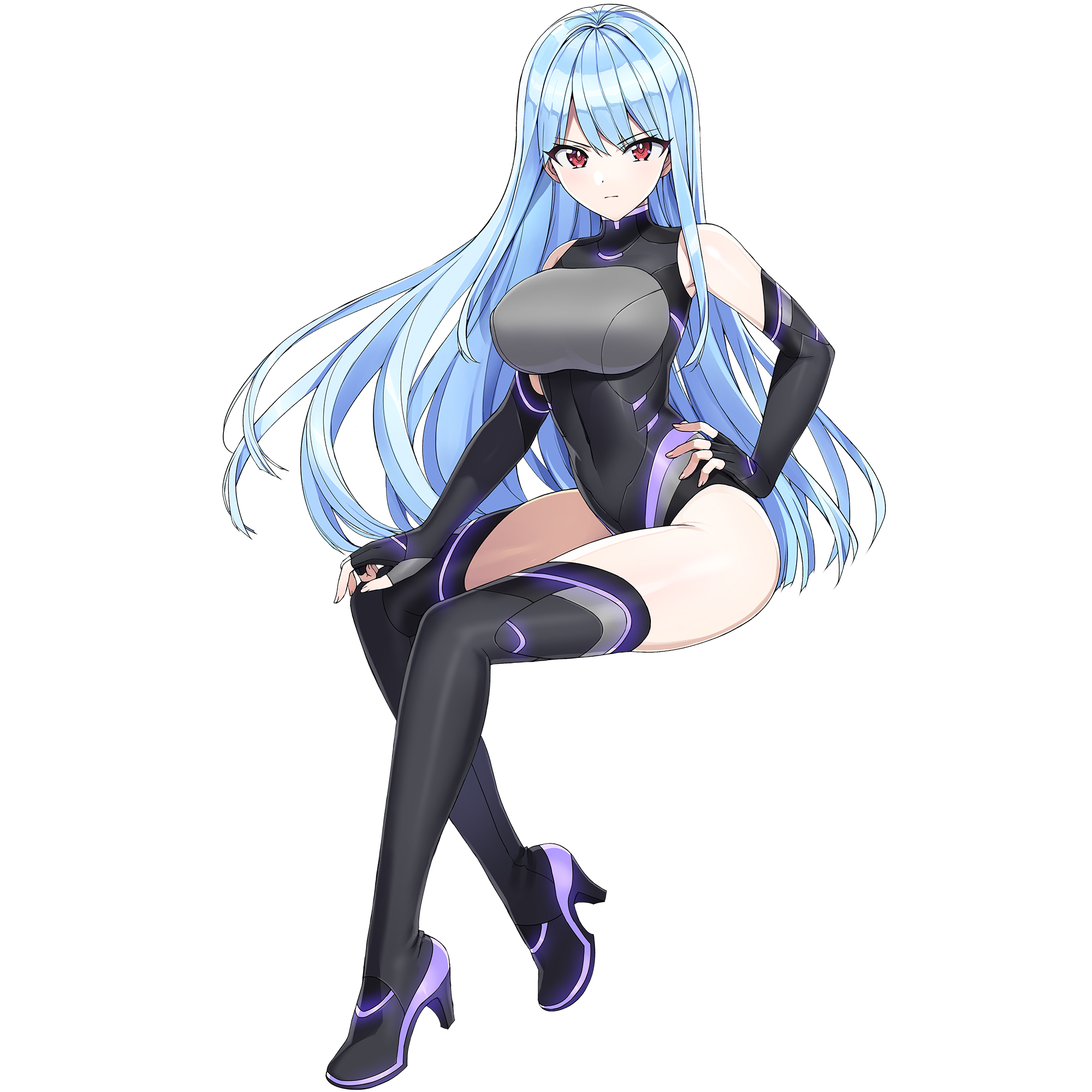 1girl belt black_hair black_shoes black_wetsuit blue_hair boots breasts closed_mouth covered_navel dolphin_wave elbow_gloves fingerless_gloves framed_breasts game_cg gloves hand_on_own_hip hand_on_own_thigh high_heel_boots high_heels highres kazami_uniform large_breasts light_frown long_hair looking_at_viewer nayuki_hiori non-web_source official_alternate_costume official_art ootomo_takuji red_eyes shoes sitting solo thigh_belt thigh_strap transparent_background