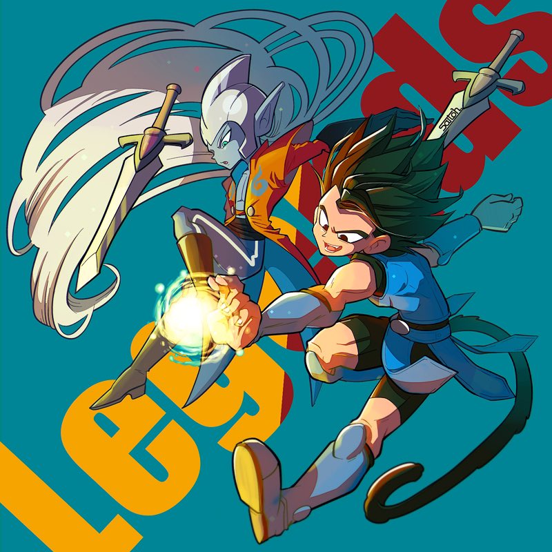 2boys 3llo_3 aqua_skin armor black_eyes black_footwear black_hair black_shirt black_shorts blue_armor boots colored_skin commentary_request copyright_name dragon_ball dragon_ball_legends floating floating_clothes floating_hair floating_object floating_sword floating_weapon green_eyes helmet imminent_attack leg_up long_hair looking_down male_focus monkey_boy monkey_tail multiple_boys muscular muscular_male open_mouth pointy_ears saiyan_armor shallot_(dragon_ball) shirt short_hair shorts single_bang spiked_hair sword tail very_long_hair weapon zahha_(dragon_ball)