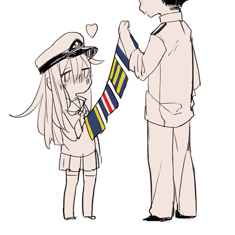 1boy 1girl admiral_(kancolle) blue_eyes blue_skirt flag grey_hair hat hibiki_(kancolle) jacket kantai_collection long_hair looking_at_viewer lowres military military_hat military_jacket military_uniform miniskirt neck_ribbon open_mouth red_ribbon ribbon sailor_collar school_uniform serafuku signal_flag simple_background skirt smile solo white_serafuku zizi_(zizioxo)