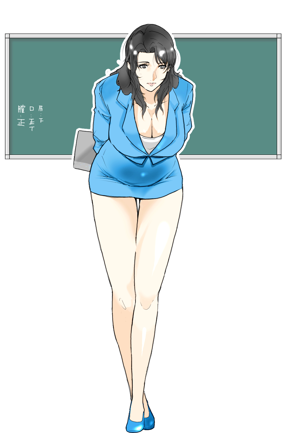 1girl aoshika_akiko arms_behind_back black_eyes black_hair blue_shoes blue_skirt book breasts chalkboard cleavage closed_mouth expressionless feet female_focus formal_clothes full_body groin highres holding holding_book large_breasts leaning_forward legs long_hair looking_at_viewer matching_hair/eyes shoes skirt solo standing suit tally teacher thigh_gap thighs wan_(13070284) wolf_guy