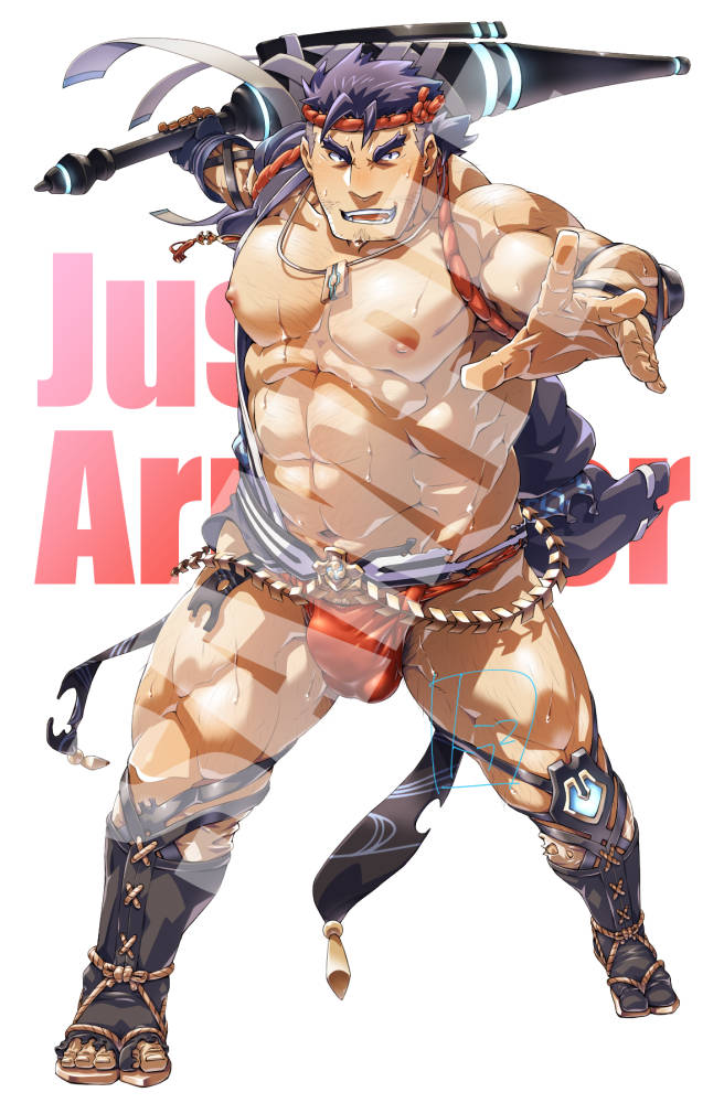 1boy abs bara bare_pectorals beard_stubble blue_hair blush bulge chest_hair facial_hair forked_eyebrows full_body fundoshi gammei_(live_a_hero) holding holding_weapon japanese_clothes large_pectorals live_a_hero looking_at_viewer male_focus mature_male muscular muscular_male navel nipples pectorals ponytail red_fundoshi short_hair short_ponytail solo sparse_chest_hair standing strongman_waist stubble thick_eyebrows thick_thighs thighs toratora_(toratorayatora) undercut watermark weapon