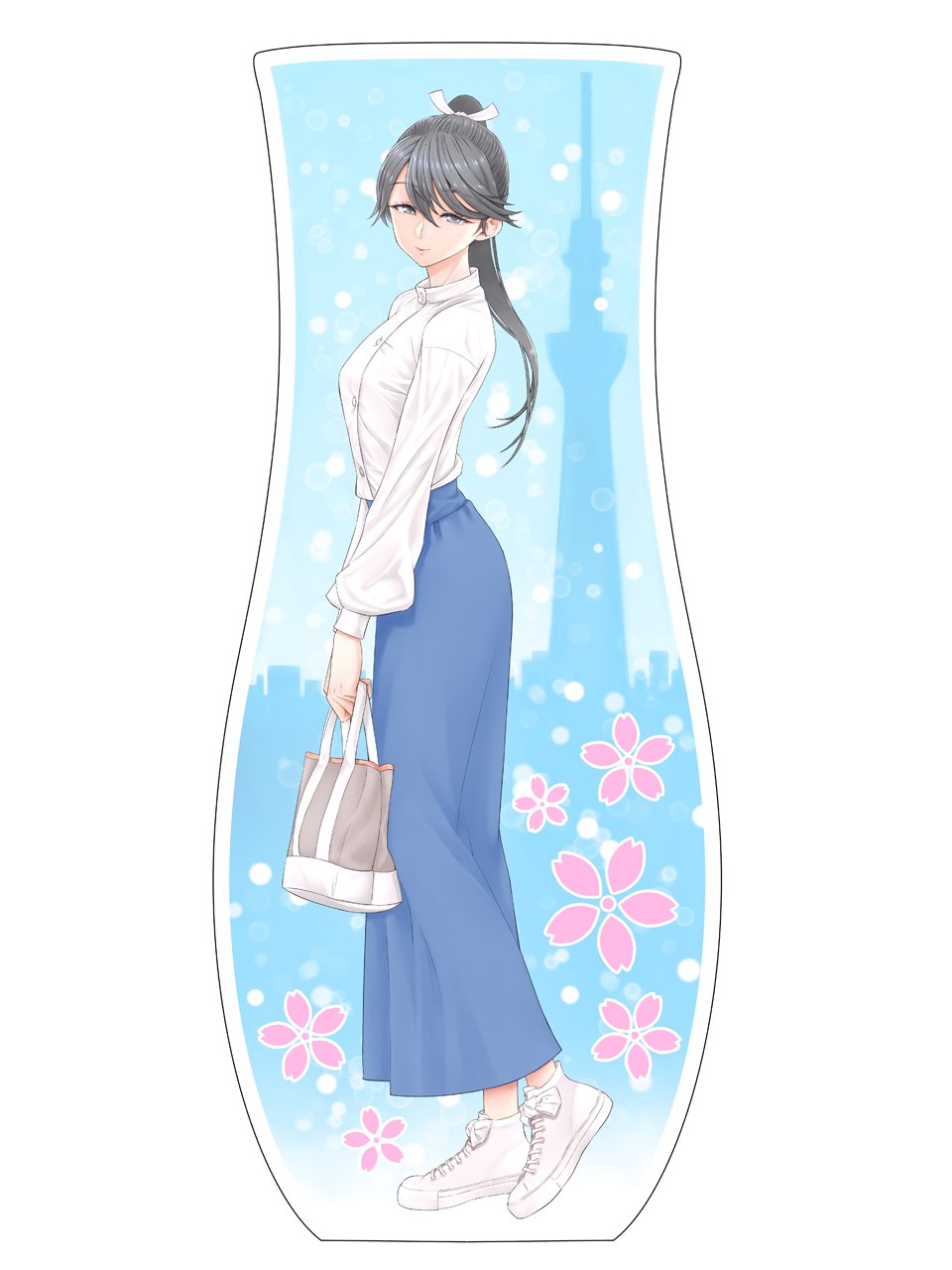 1girl bag black_eyes black_hair blue_skirt breasts commentary_request floral_background from_side full_body handbag highres holding holding_bag houshou_(kancolle) kantai_collection long_skirt long_sleeves looking_at_viewer medium_breasts ponytail puffy_long_sleeves puffy_sleeves shoes skirt smile sneakers solo tower white_sneakers yuichi_(sp_sakura_yoshi)