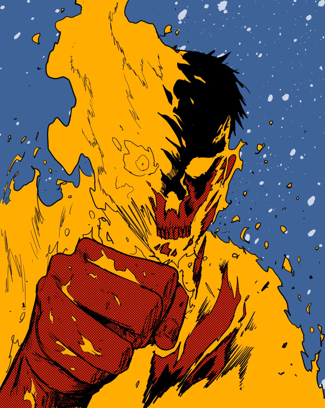1boy agni_(fire_punch) black_hair blue_background burning clenched_hand fire fire_punch flaming_eye highres limited_palette looking_at_viewer sen_(sus_pain) short_hair skull snow solo