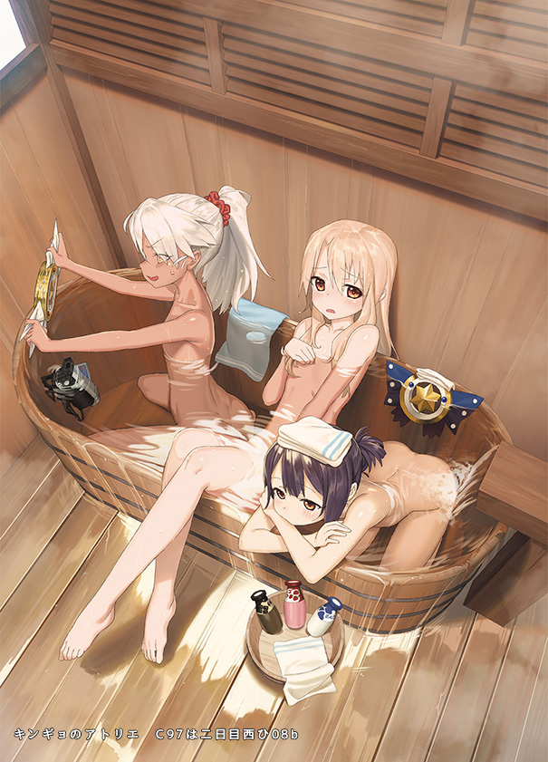 2others 3girls barefoot basin black_hair blonde_hair blush brown_eyes camcorder chloe_von_einzbern completely_nude dark-skinned_female dark_skin eyes_visible_through_hair fate/kaleid_liner_prisma_illya fate_(series) hair_ornament hair_scrunchie illyasviel_von_einzbern indoors long_hair looking_at_viewer magical_ruby magical_sapphire miyu_edelfelt multiple_girls multiple_others nude ponytail red_scrunchie same-sex_bathing scrunchie shared_bathing towel towel_on_head tsouchinyu video_camera water white_hair wooden_floor