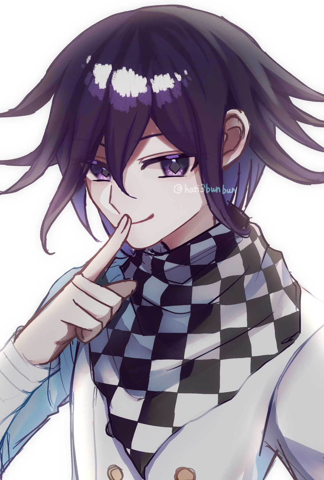 1boy artist_name black_hair checkered_neckerchief closed_mouth danganronpa_(series) danganronpa_v3:_killing_harmony flipped_hair hair_between_eyes hand_up hati3bunbun highres index_finger_raised looking_at_viewer male_focus medium_hair neckerchief oma_kokichi pink_eyes simple_background smile solo