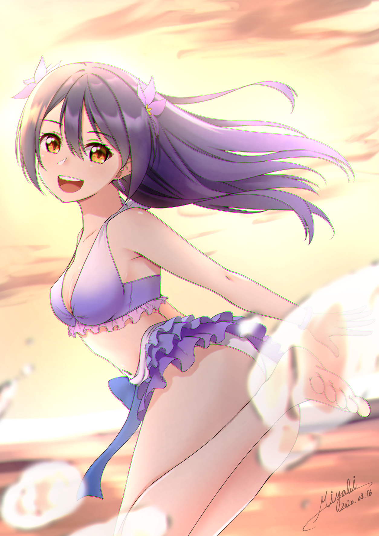 1girl artist_name artist_request ass bang_(gesture) bare_legs bare_shoulders bikini bikini_skirt blue_hair blush bracelet breasts cleavage cloud collarbone feet female_focus finger_gun flower frilled_bikini frills hair_between_eyes hair_flower hair_ornament hairband haruna_miyabi highres jewelry jump long_hair looking_at_viewer love_live! love_live!_school_idol_project medium_breasts natsuiro_egao_de_1_2_jump! navel necklace one_eye_closed outdoors parted_lips pink_scrunchie scrunchie sky smile solo sonoda_umi sunset swimsuit wrist_scrunchie yellow_eyes